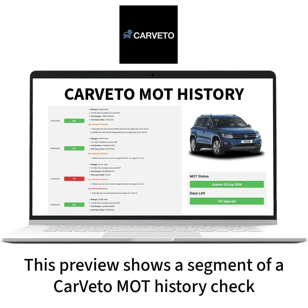 CarVeto MOT pass, fail and advisory history report via DVSA